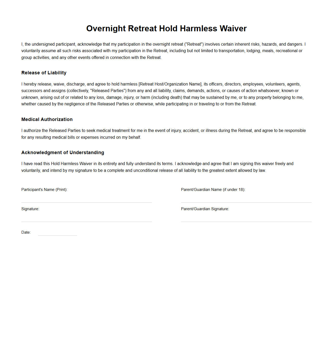 Overnight Retreat Hold Harmless Waiver