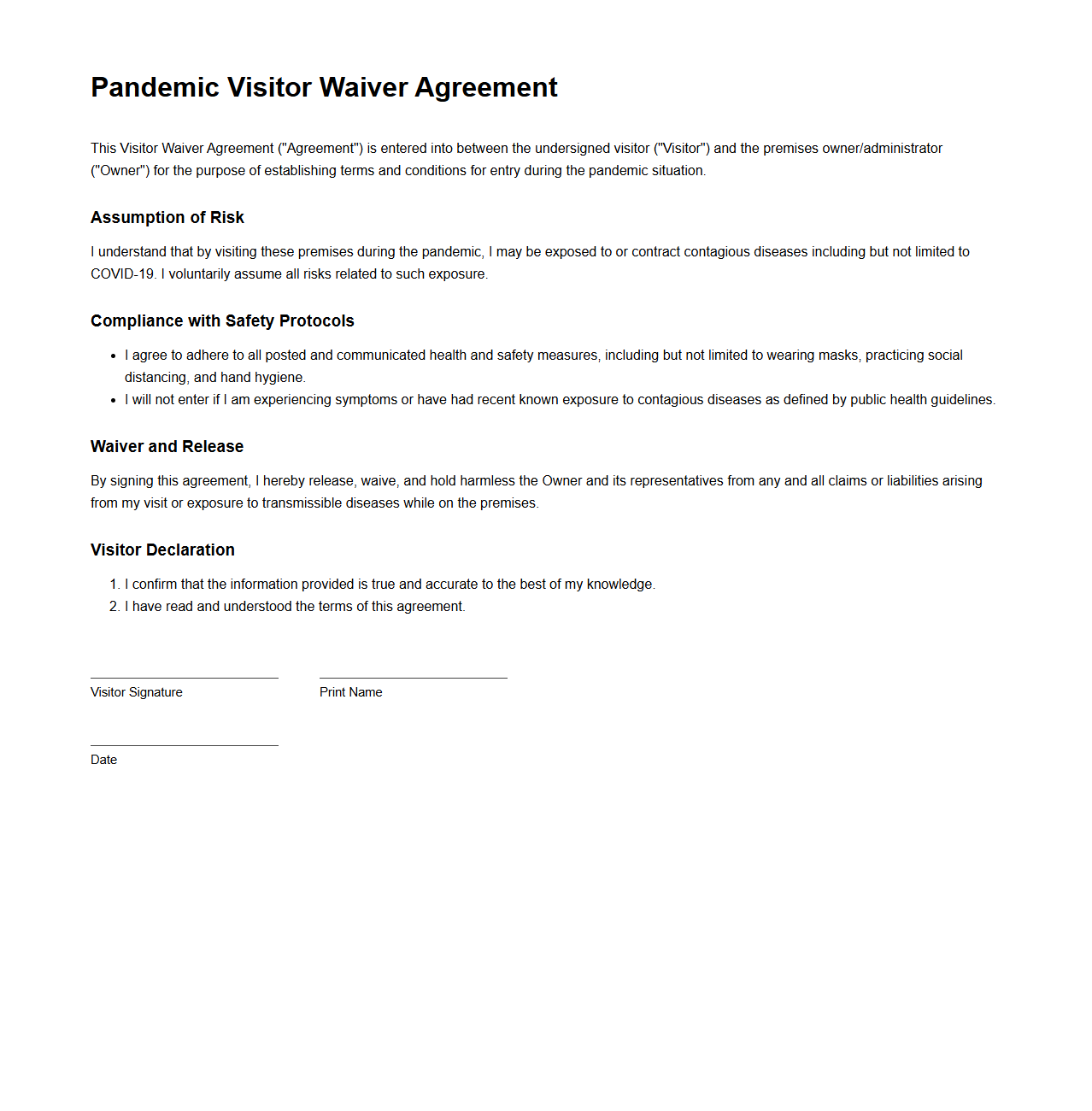 Pandemic Visitor Waiver Agreement Template