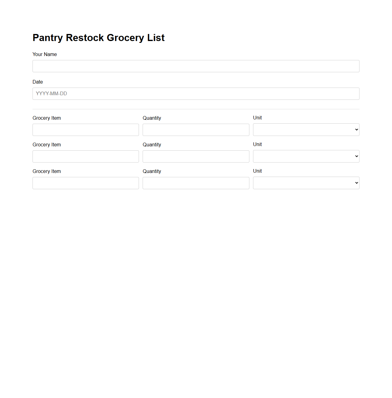 Pantry Restock Grocery List Form