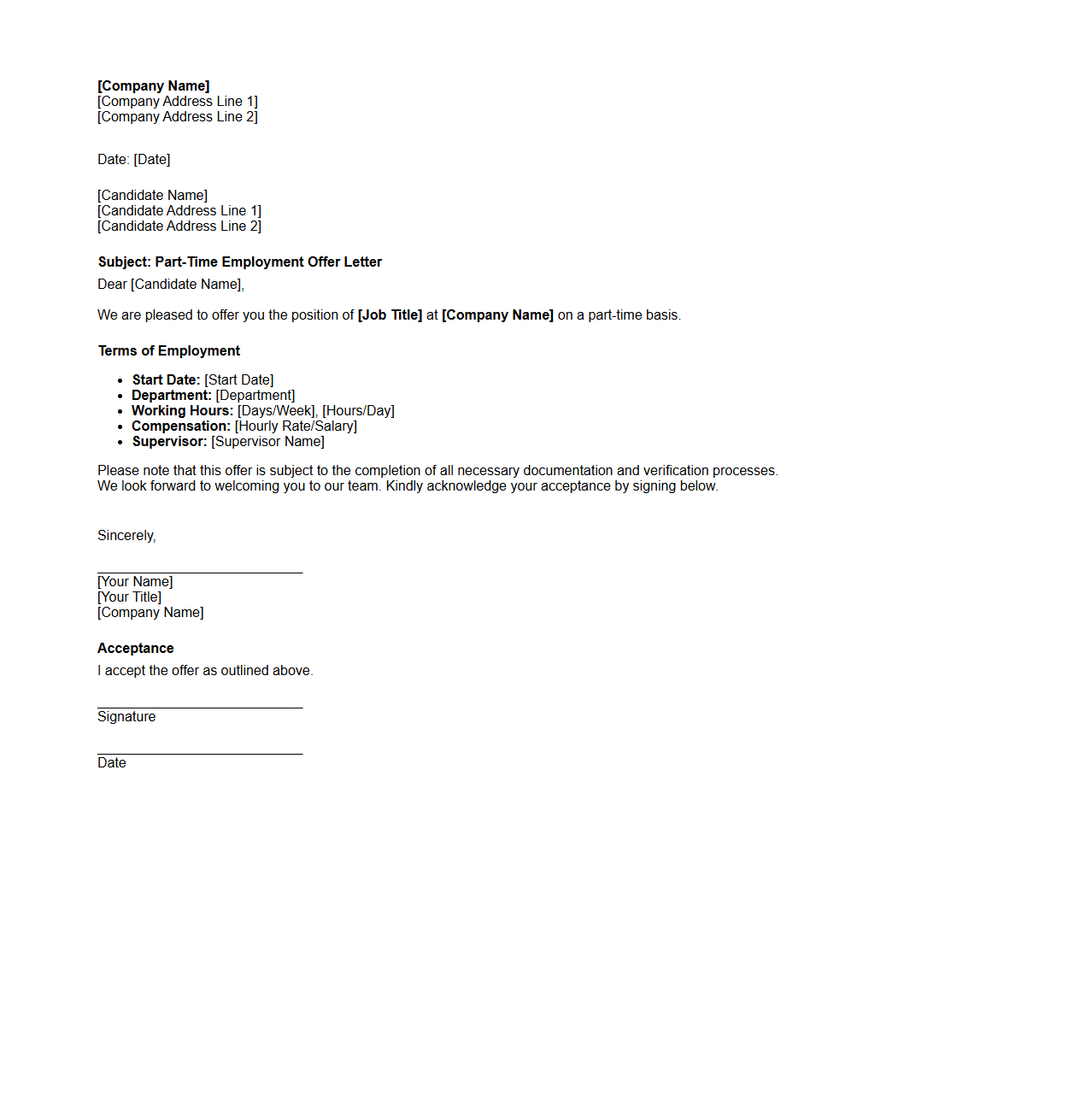 Part-Time Employment Offer Letter Format