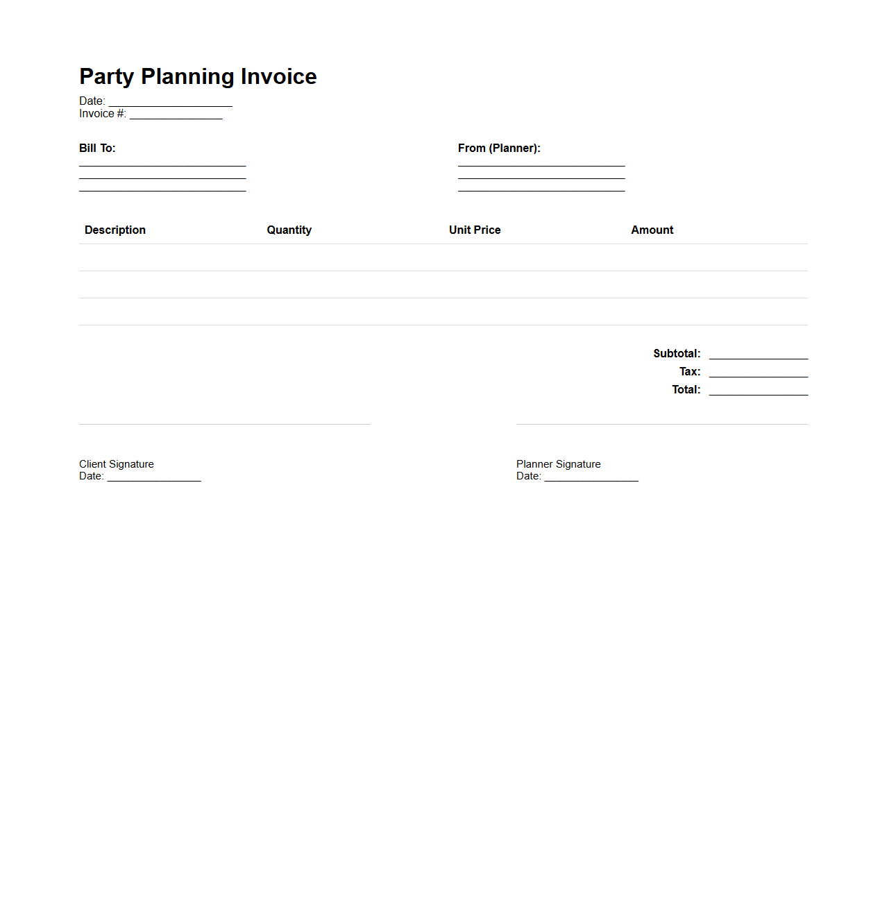 Party Planning Invoice Format