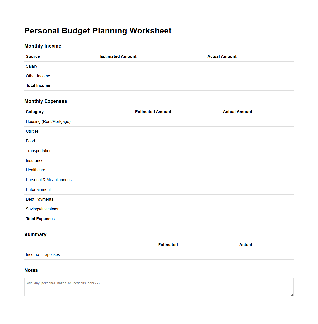 Personal Budget Planning Worksheet