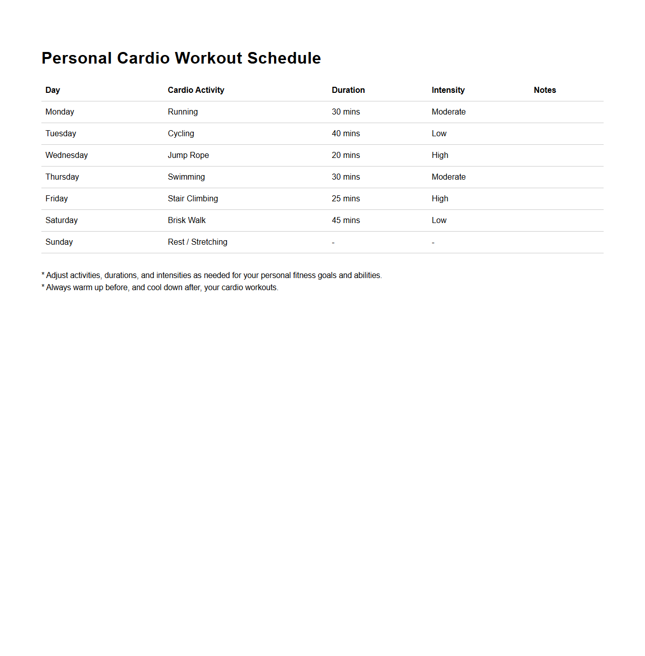 Personal Cardio Workout Schedule Layout