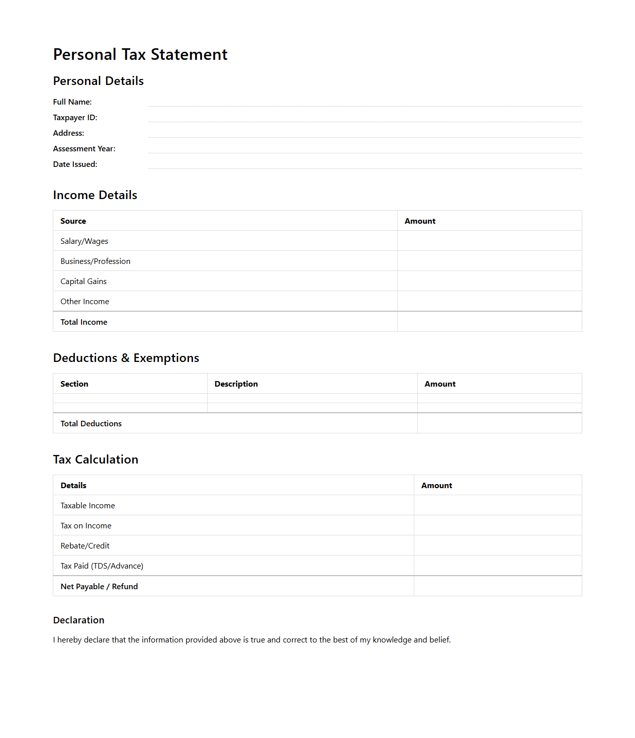 Personal Tax Statement Format