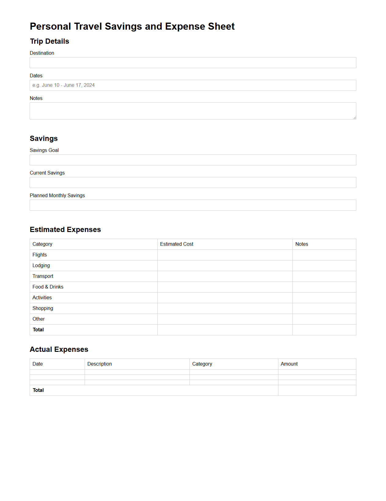 Personal Travel Savings and Expense Sheet for Trips