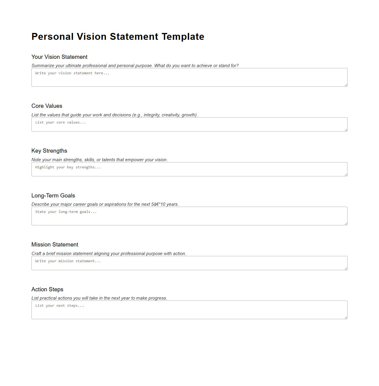 Personal Vision Statement Template for Professionals