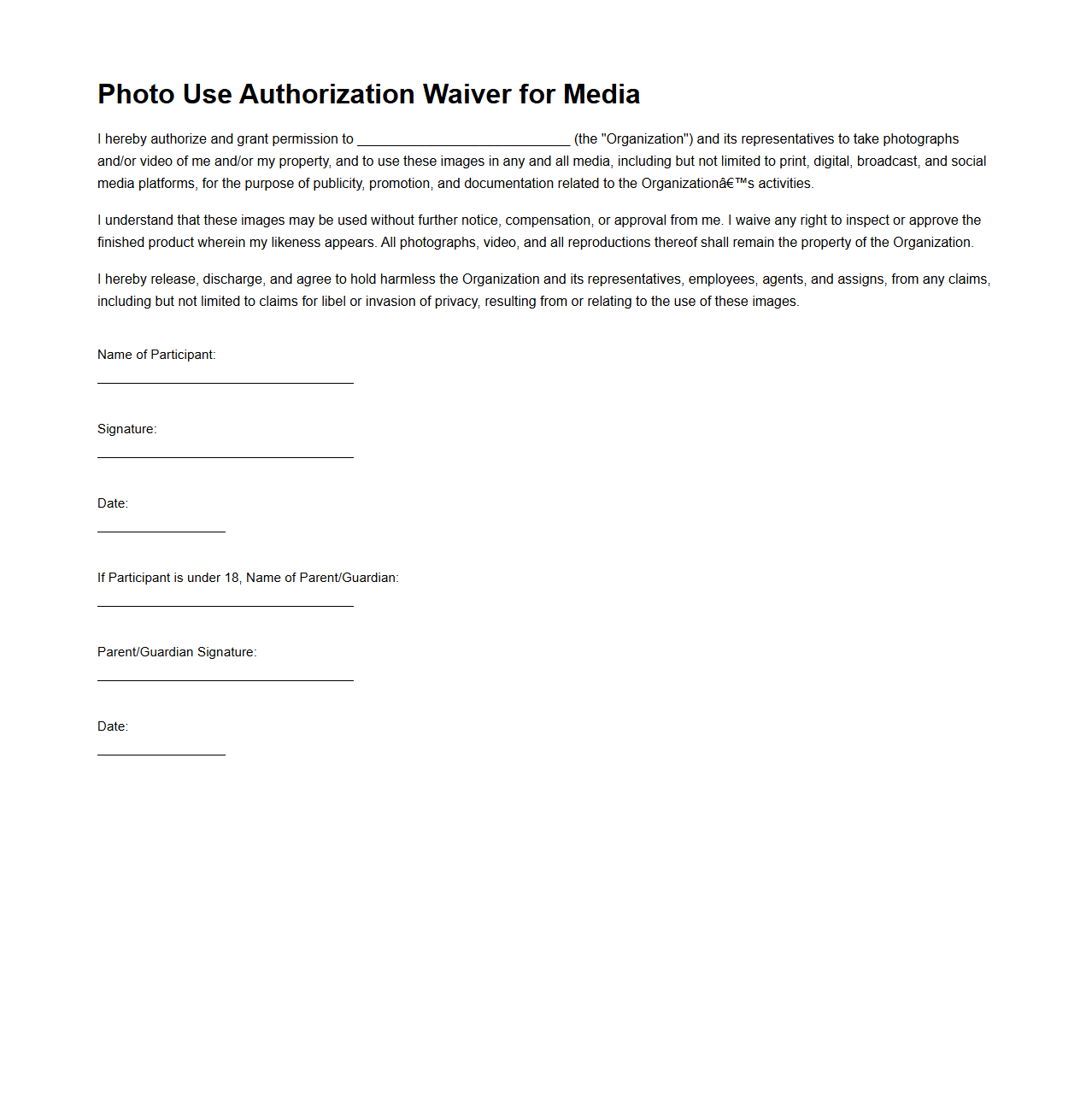 Photo Use Authorization Waiver for Media