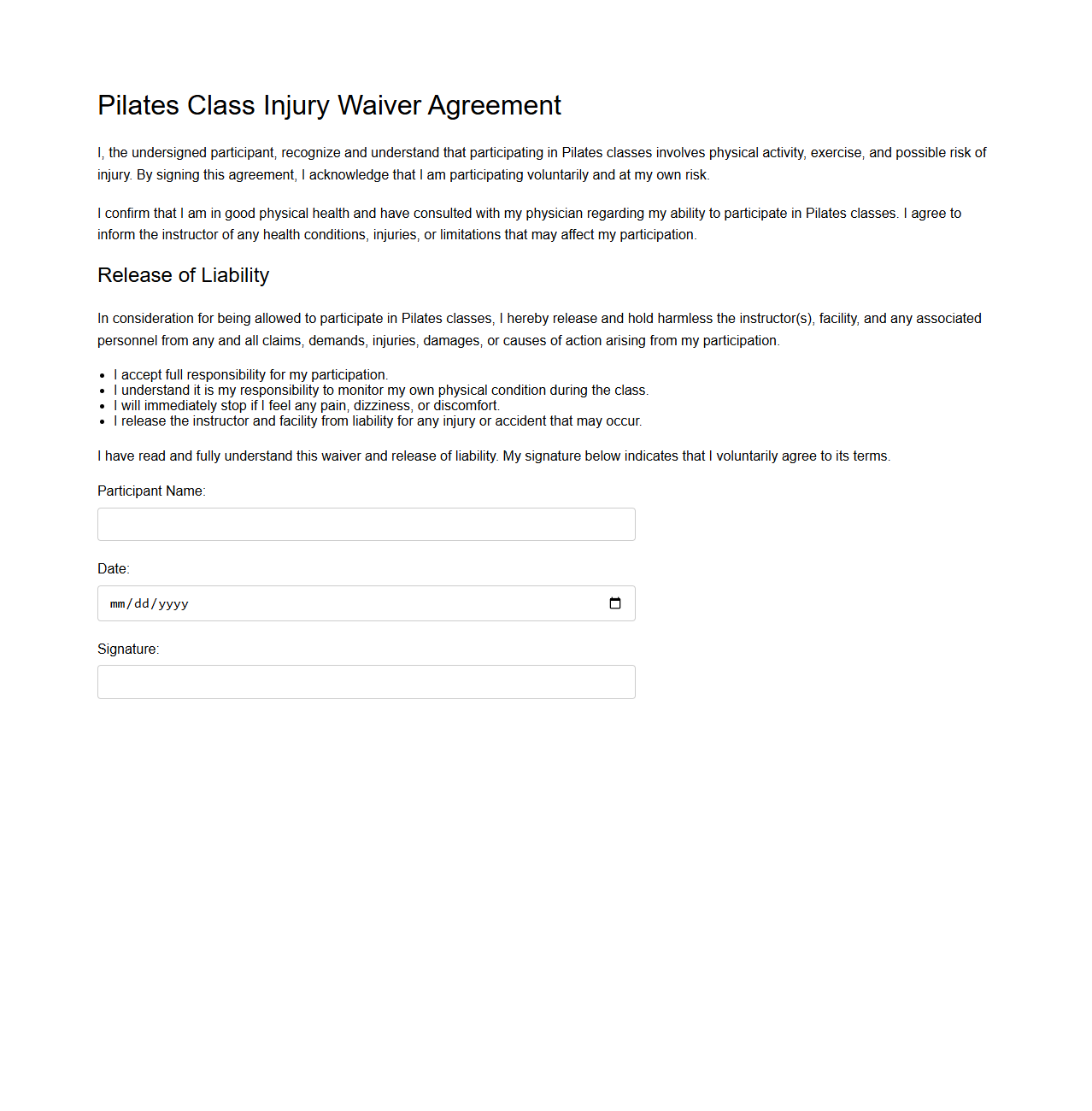 Pilates Class Injury Waiver Agreement