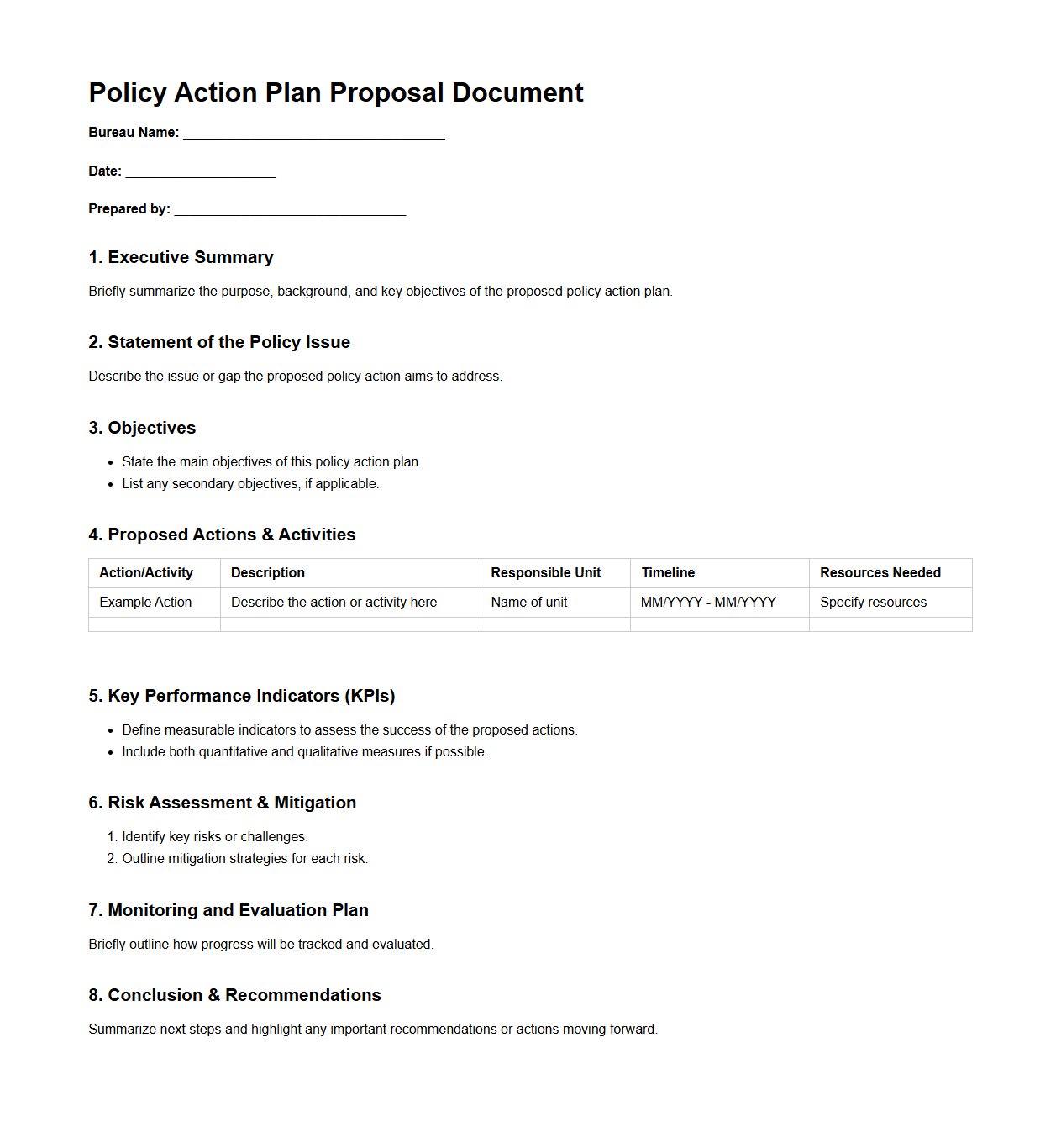 Policy Action Plan Proposal Document for Bureaus