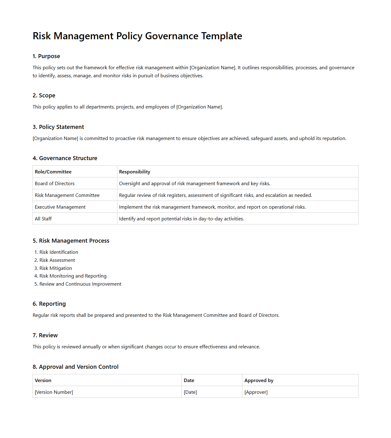Policy Governance Template for Risk Management