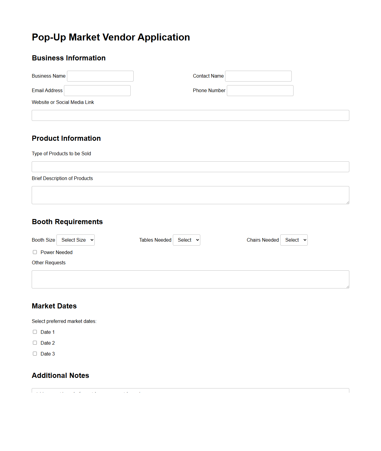 Pop-Up Market Vendor Application Template