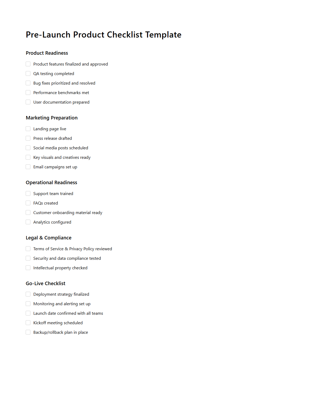 Pre-Launch Product Checklist Template