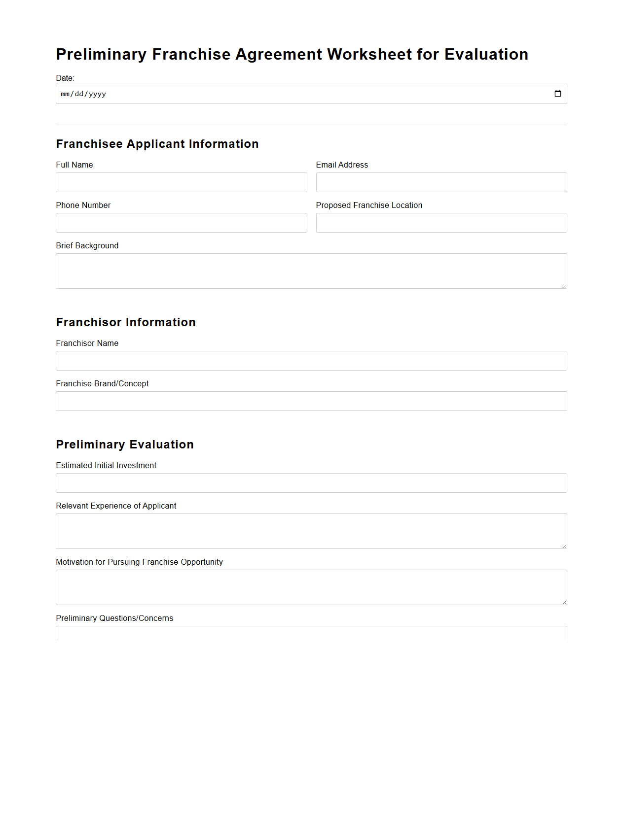 Preliminary Franchise Agreement Worksheet for Evaluation