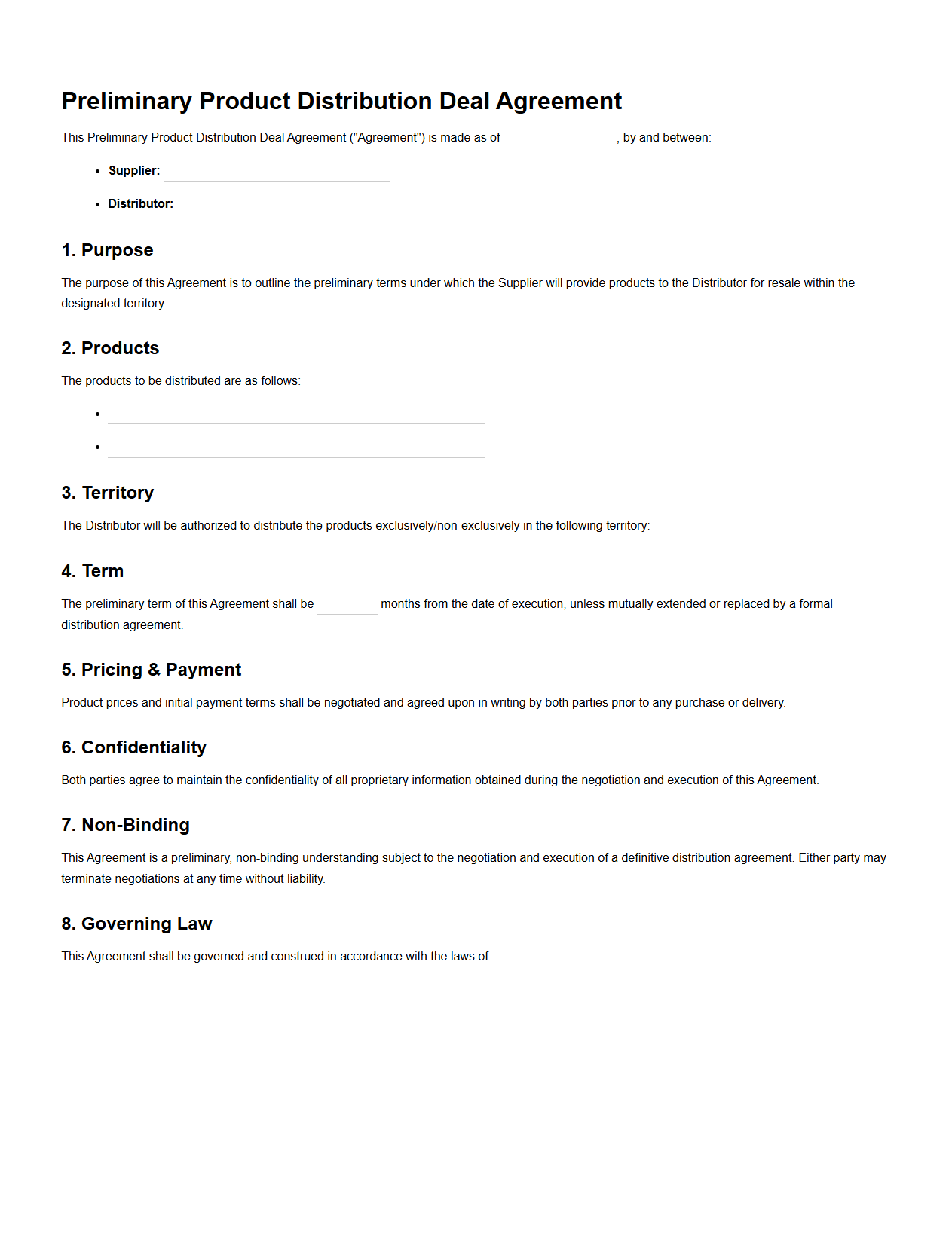 Preliminary Product Distribution Deal Agreement