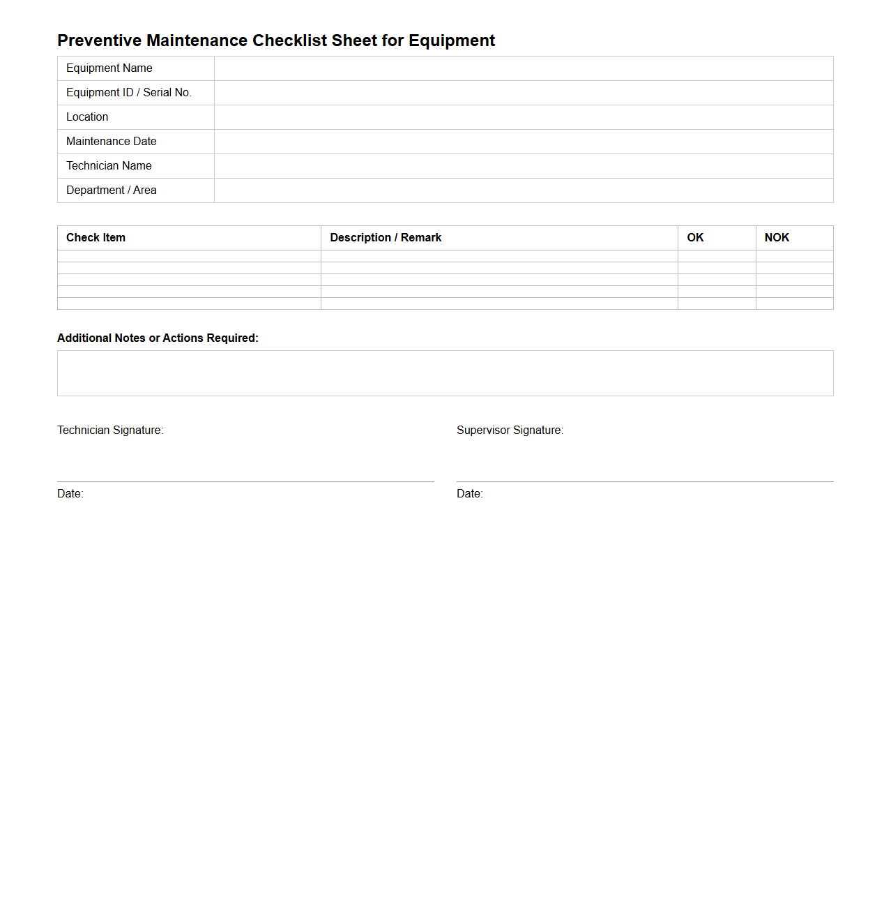 Preventive Maintenance Checklist Sheet for Equipment