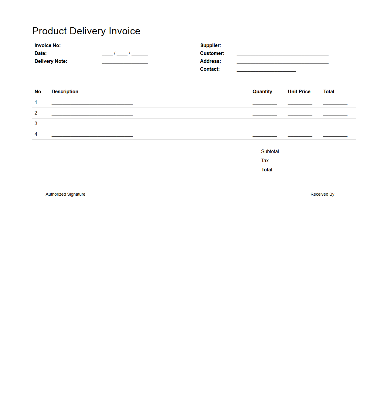 Product Delivery Blank Invoice Sample