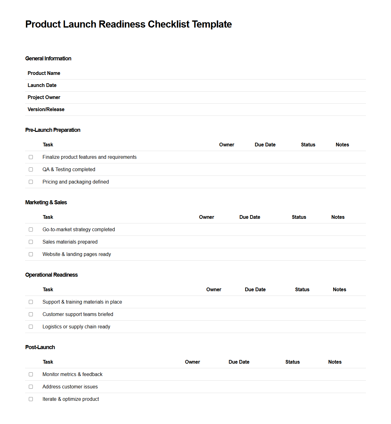 Product Launch Readiness Checklist Template
