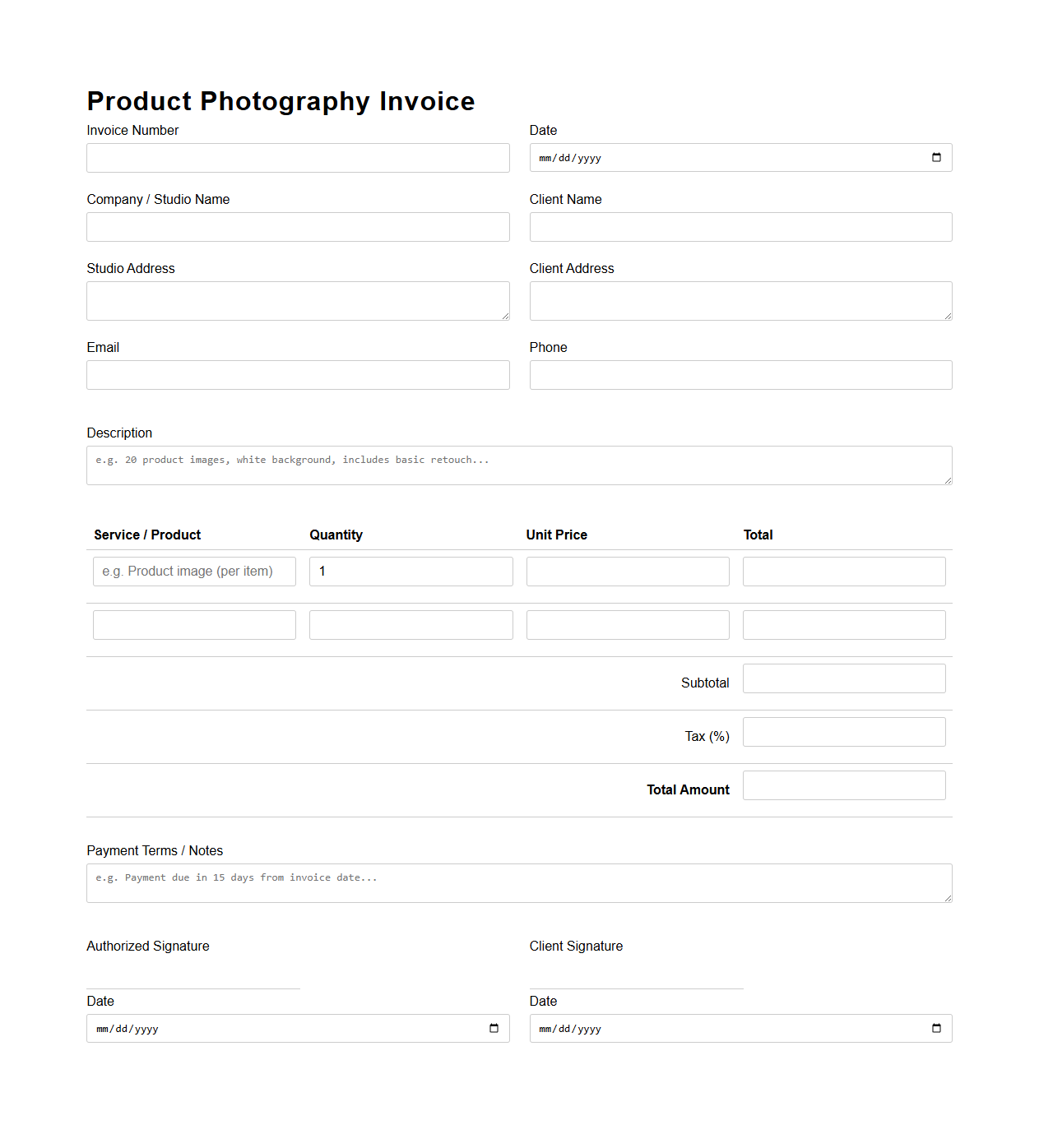 Product Photography Invoice Form
