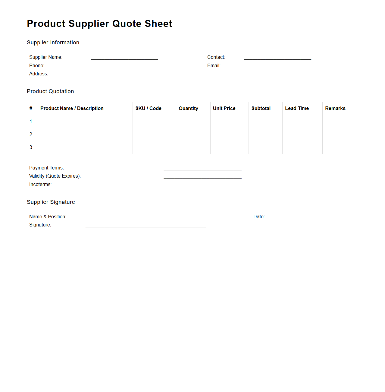 Product Supplier Quote Sheet