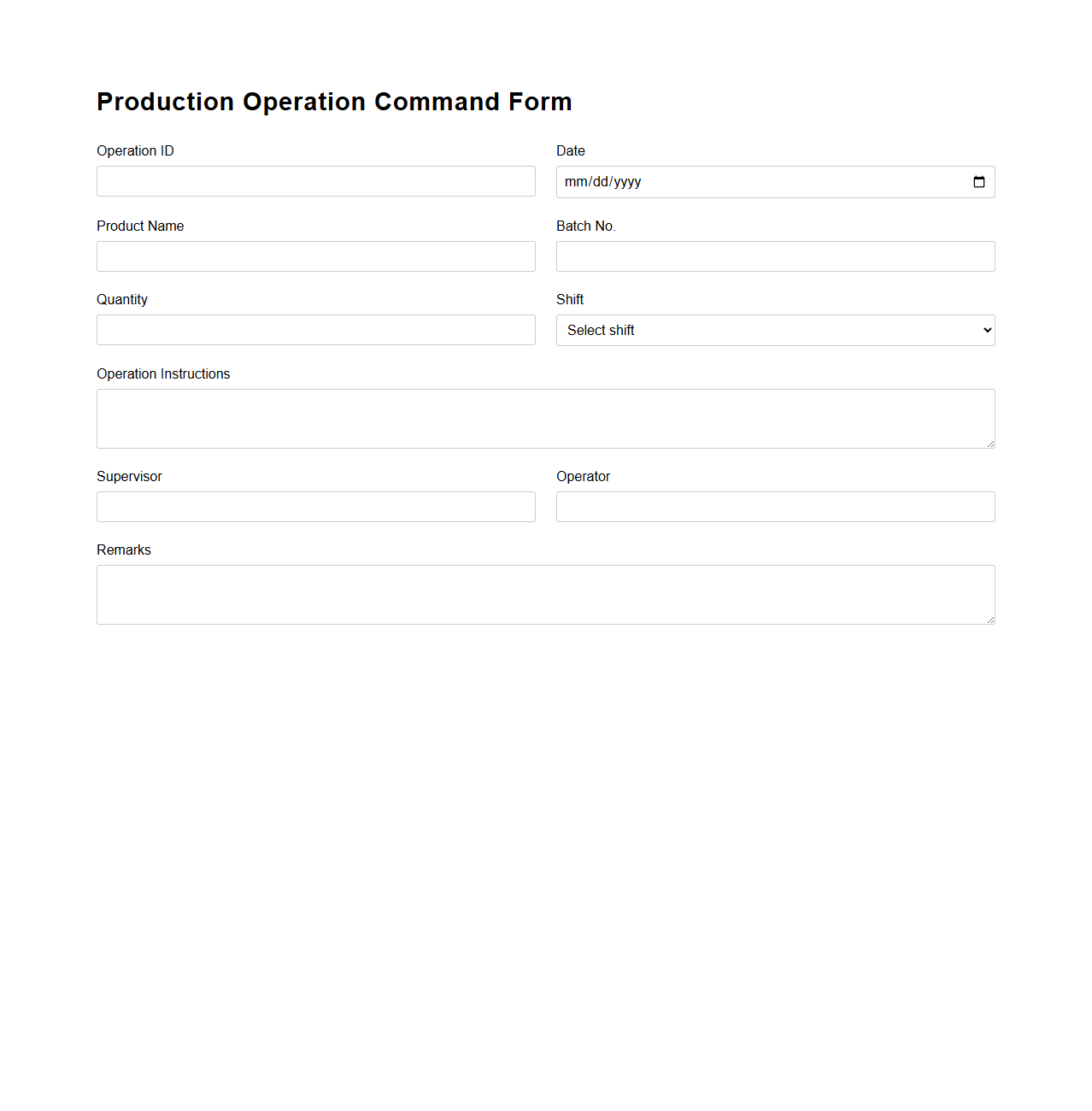 Production Operation Command Form