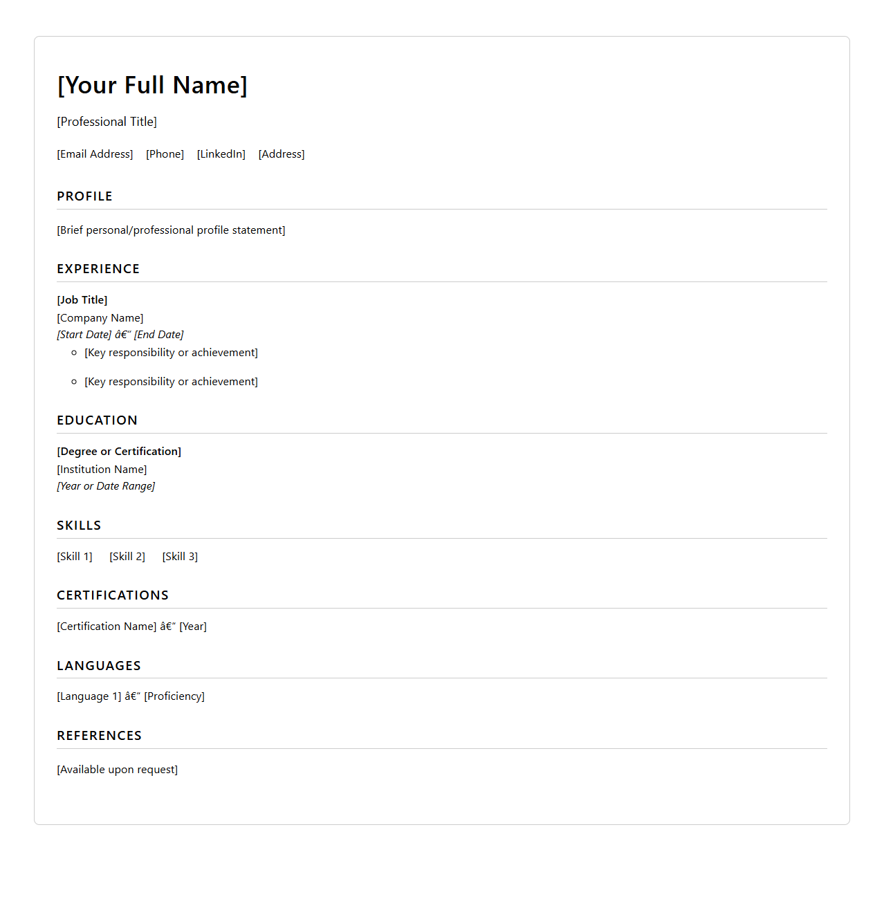 Professional Blank Curriculum Vitae Template