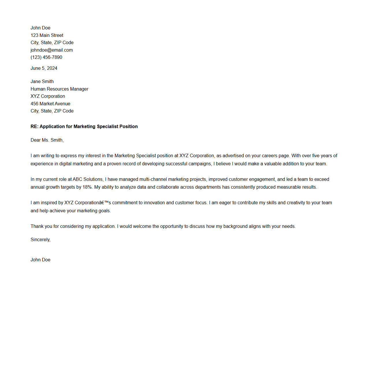 Professional Cover Letter Sample for Employment