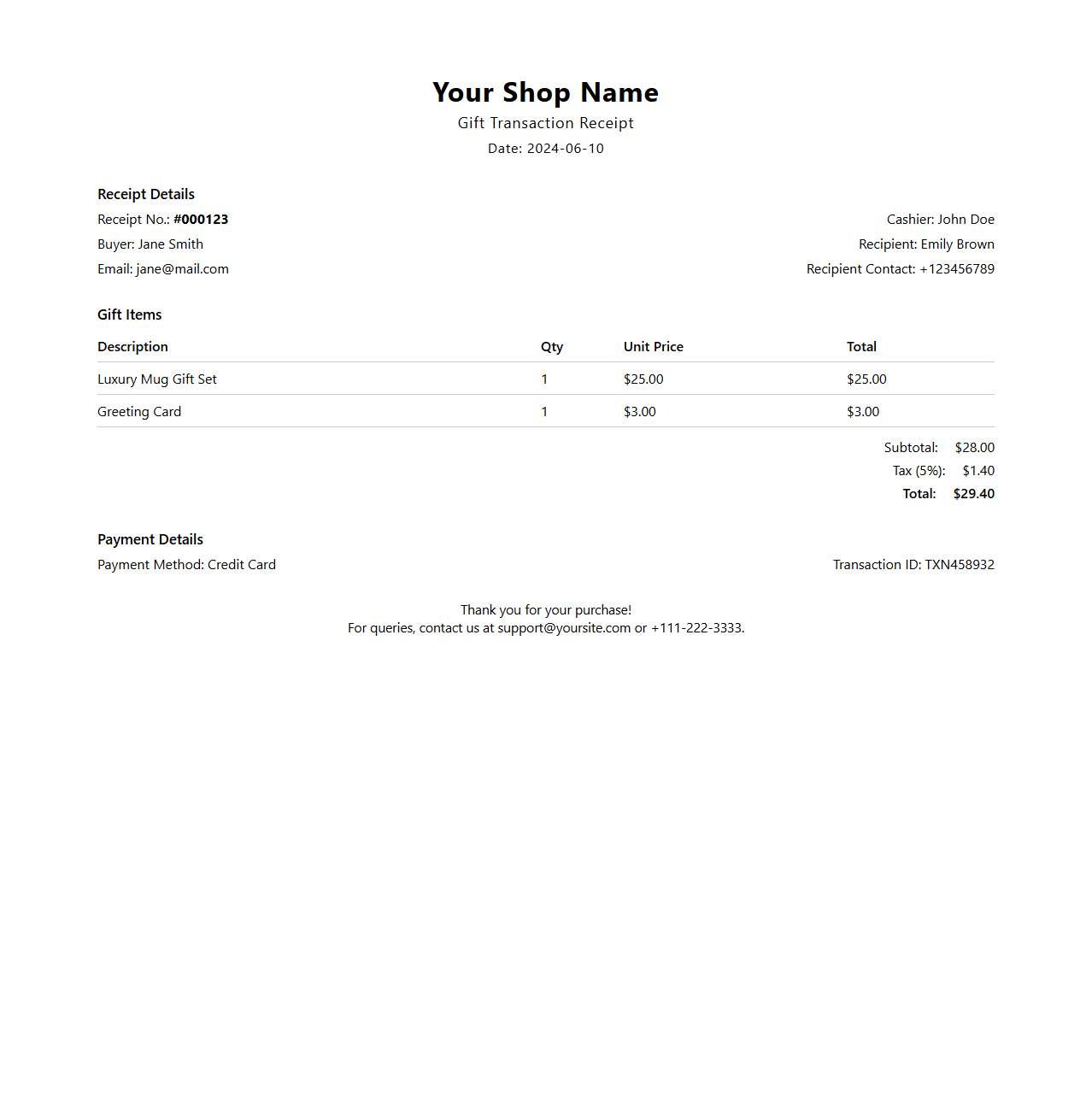 Professional Gift Transaction Receipt Layout for Shops