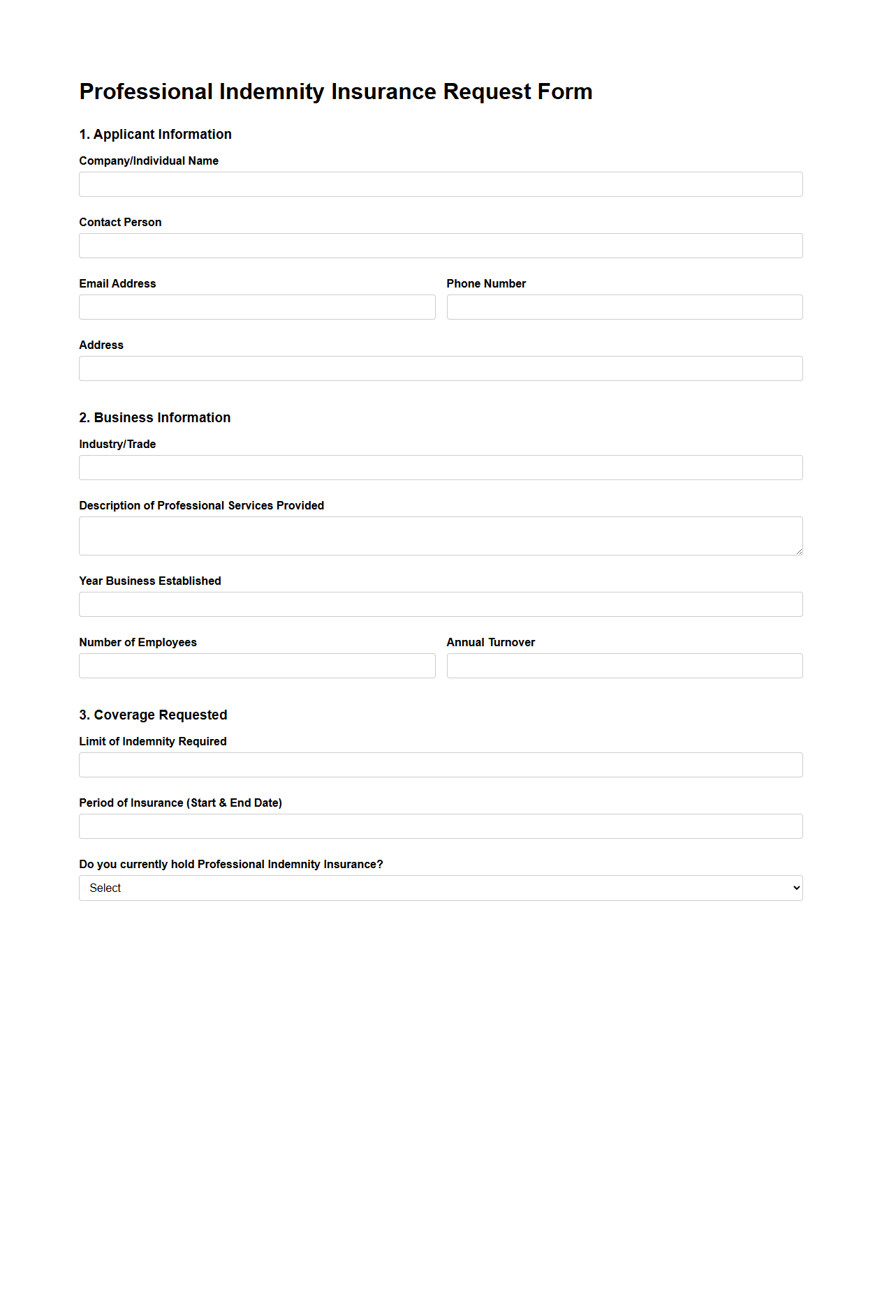Professional Indemnity Insurance Request Form