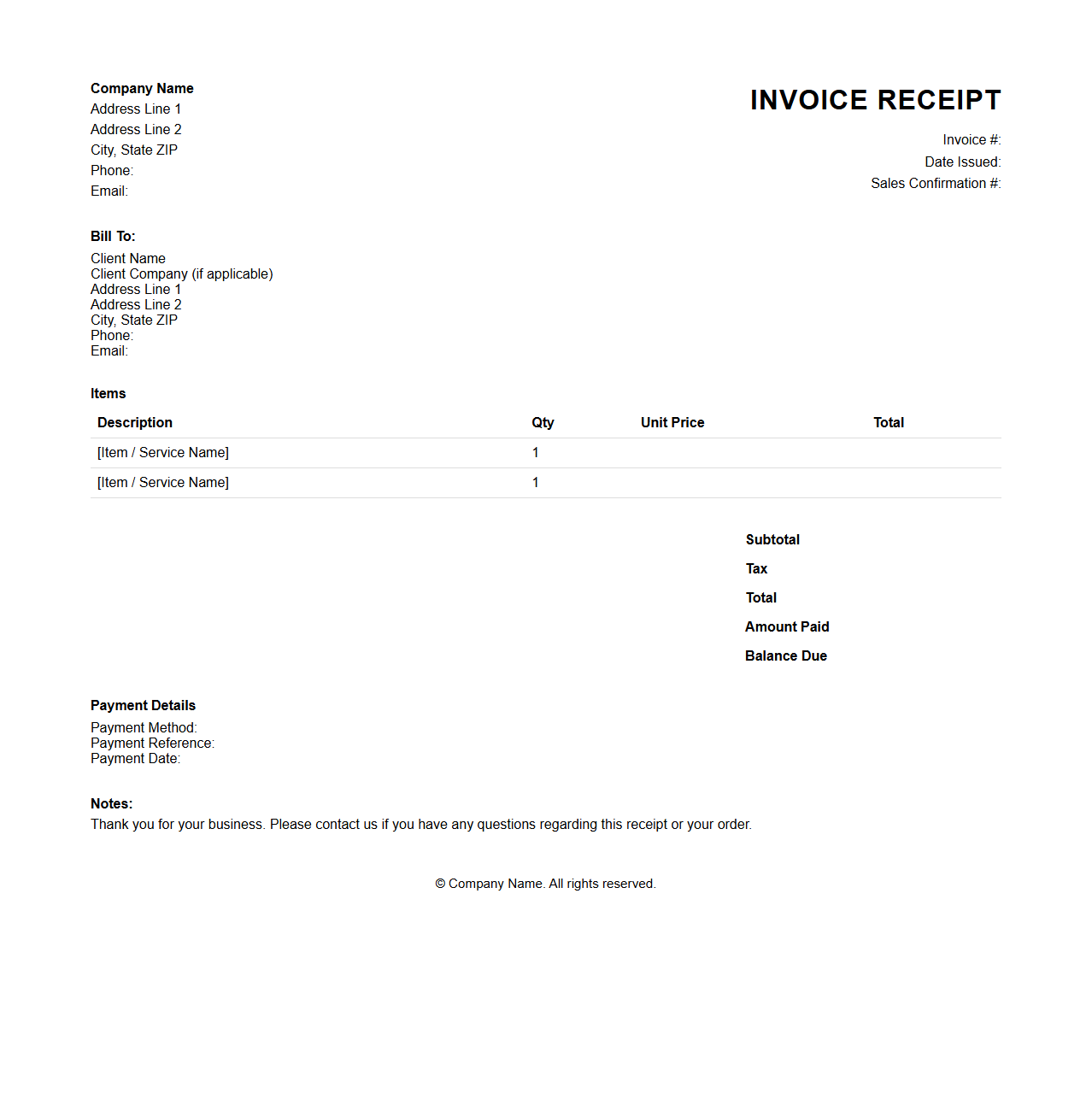Professional Invoice Receipt Template for Sales Confirmation