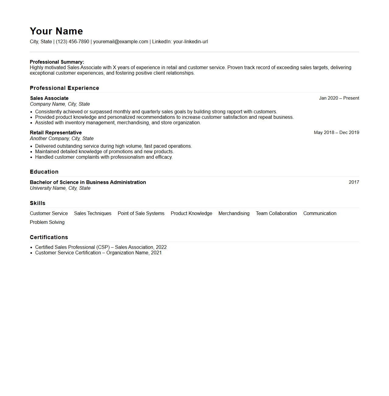 Professional Sales Associate Resume Structure