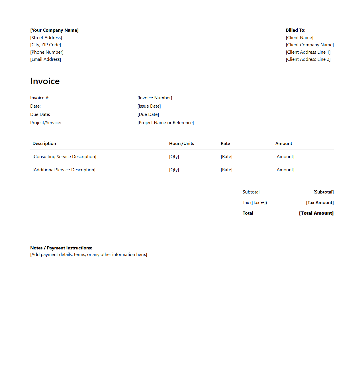 Professional Services Invoice Template for Consultants