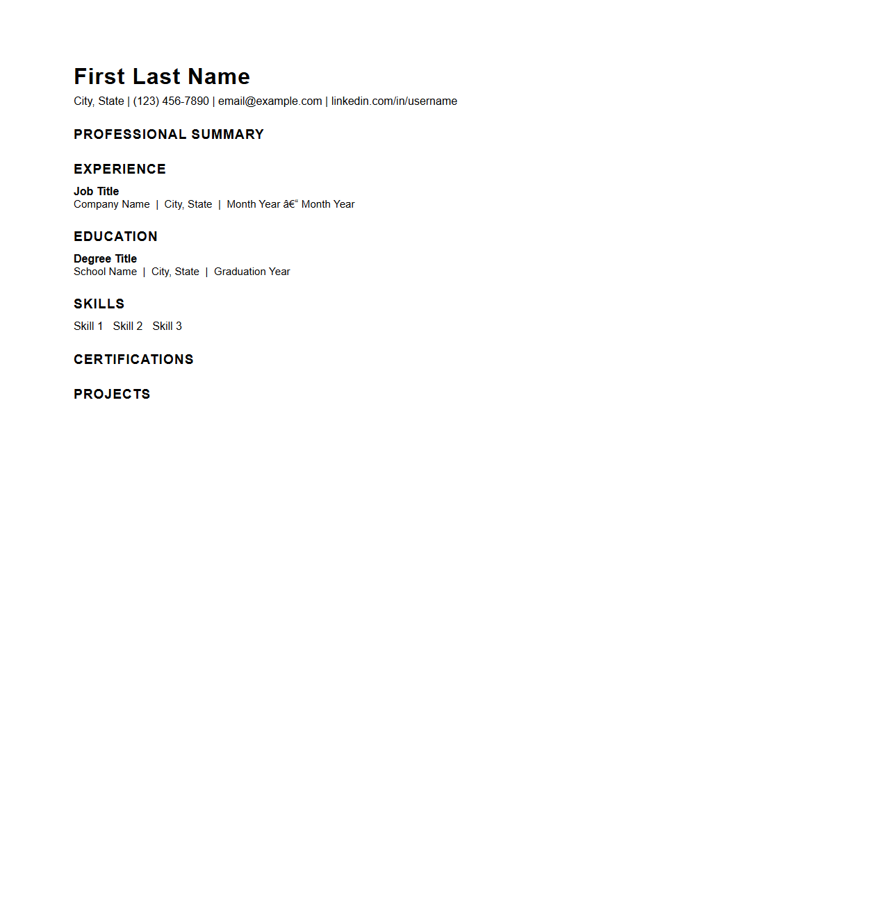 Professional Starter Resume Structure