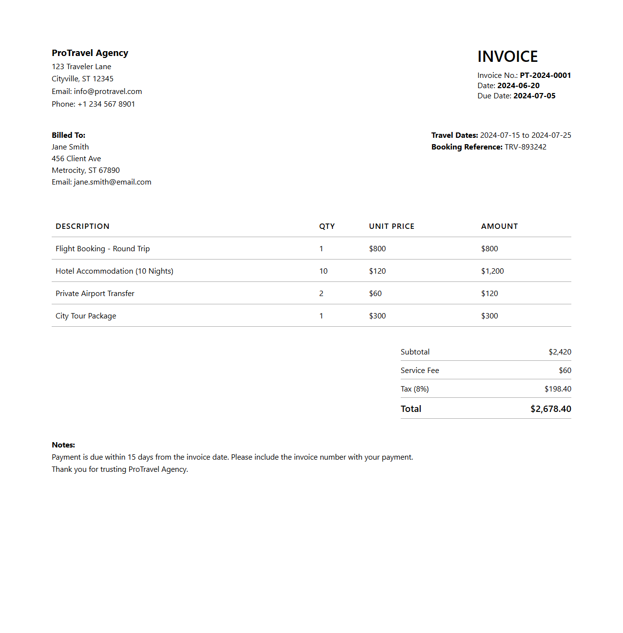 Professional Travel Services Invoice Design