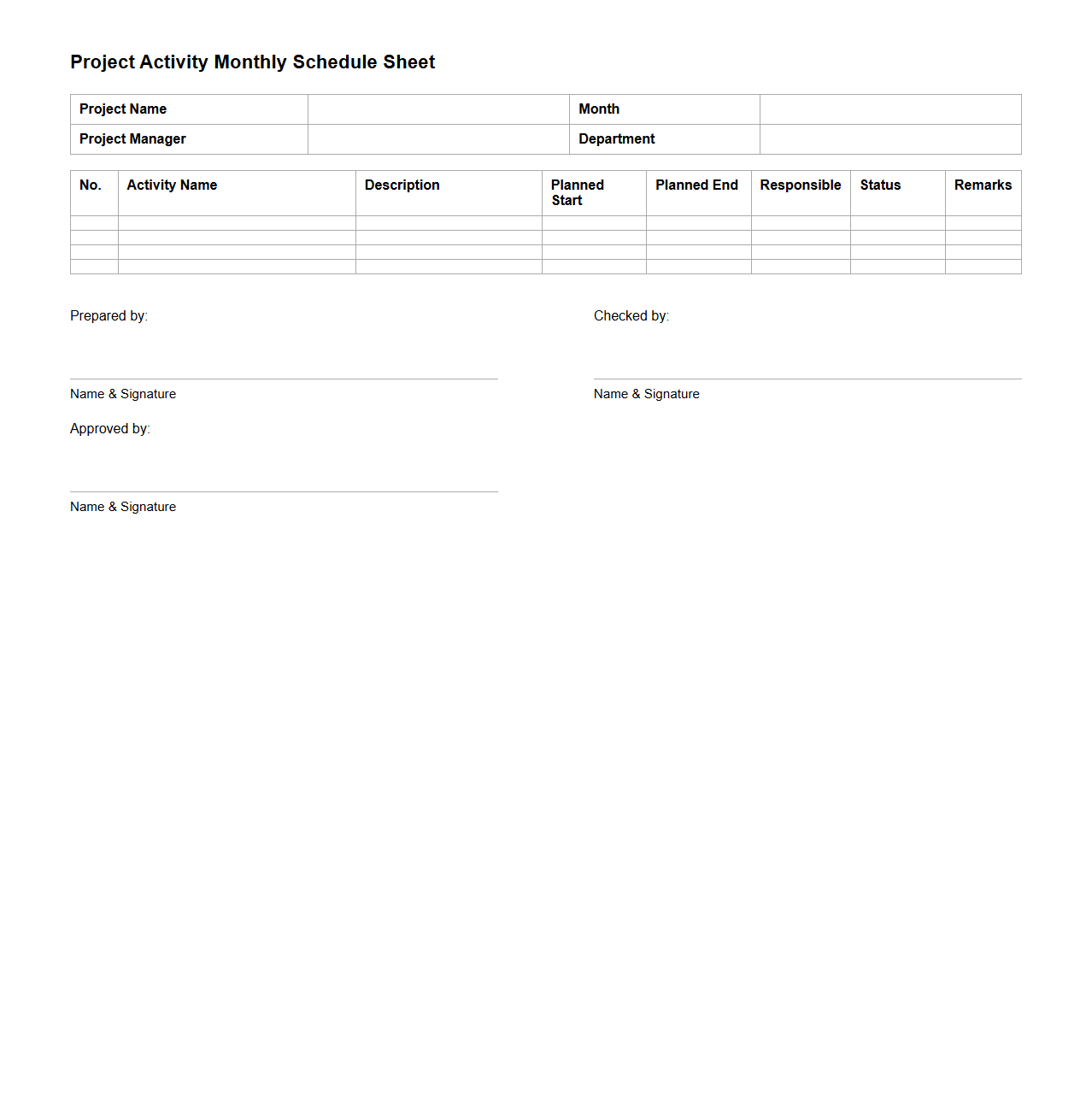 Project Activity Monthly Schedule Sheet