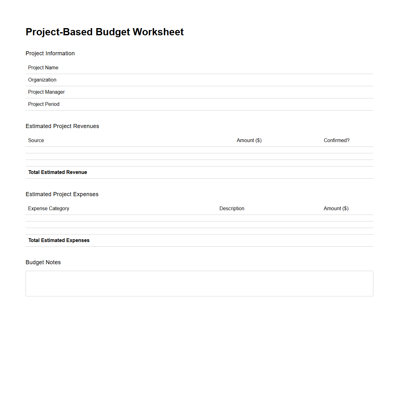 Project-Based Budget Worksheet for Nonprofits