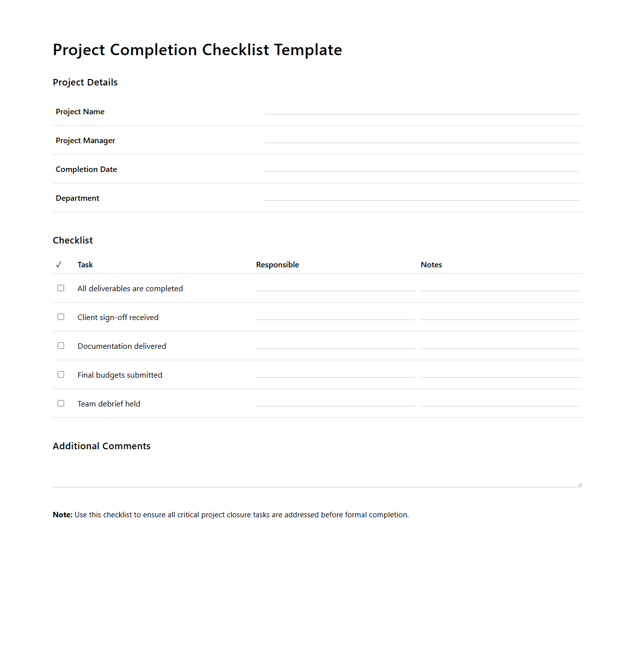Project Completion Checklist Template