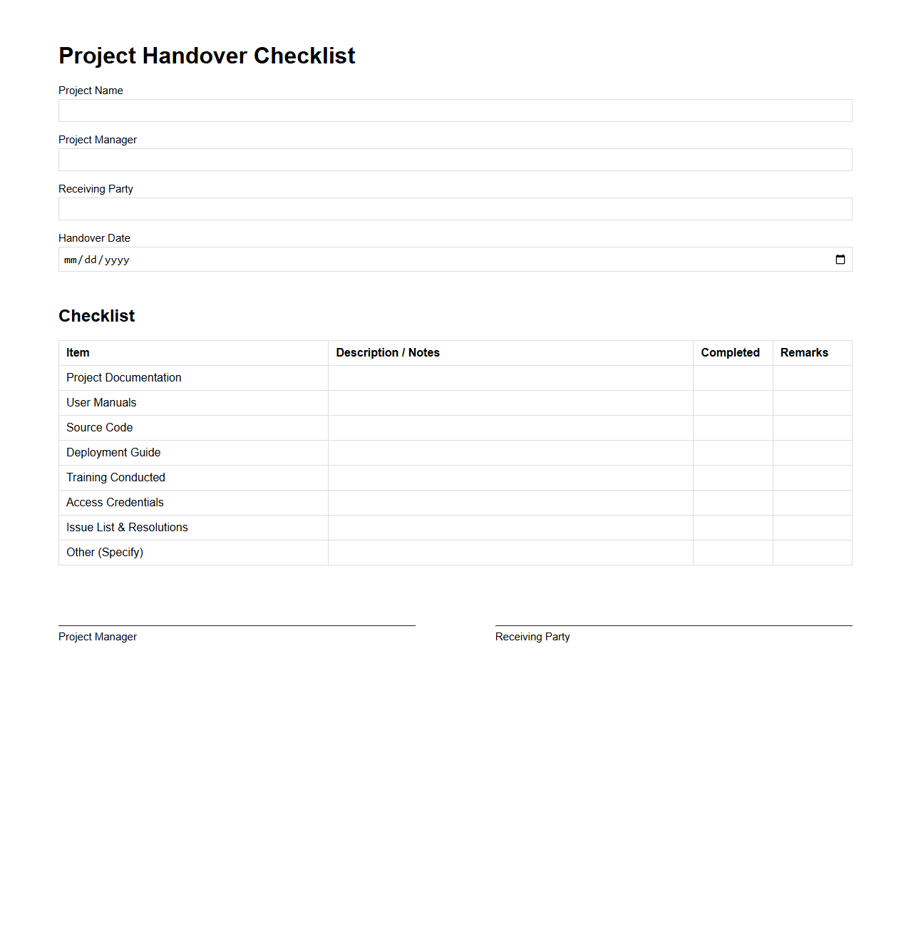 Project Handover Checklist Format