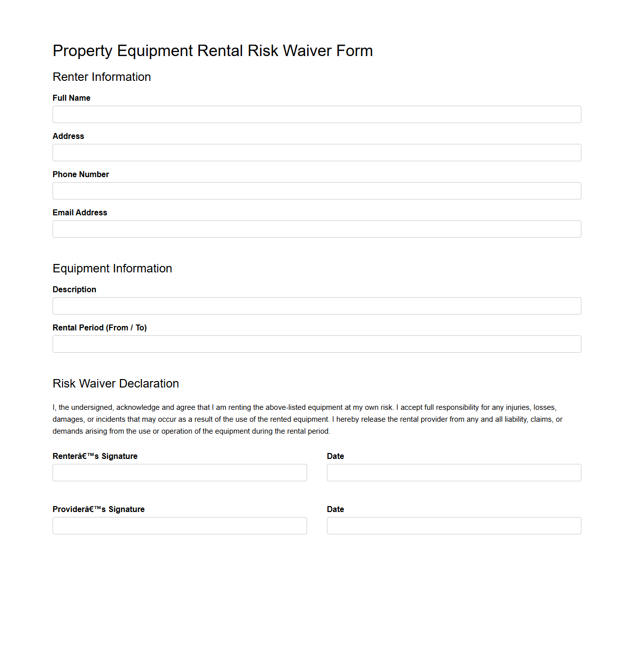 Property Equipment Rental Risk Waiver Form