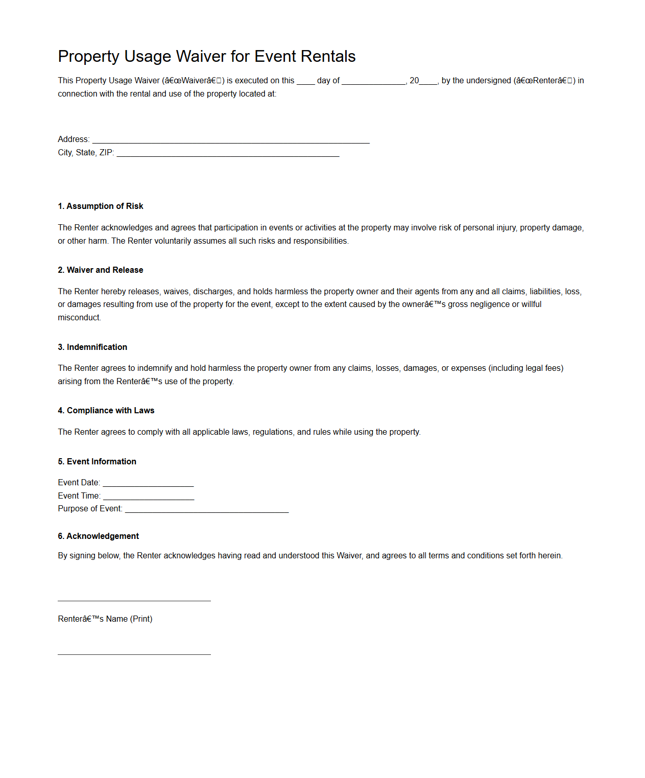 Property Usage Waiver for Event Rentals