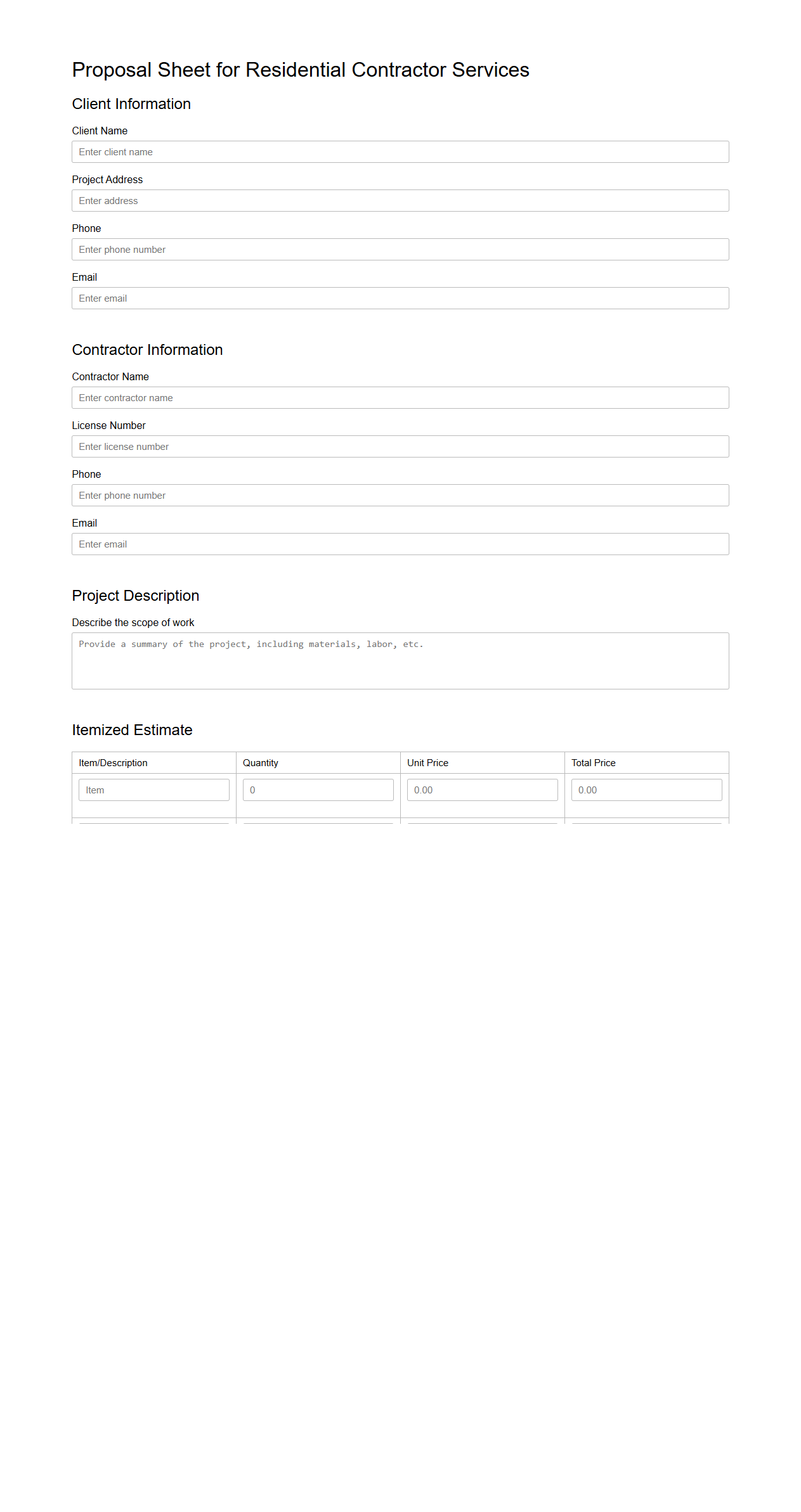 Proposal Sheet for Residential Contractor Services