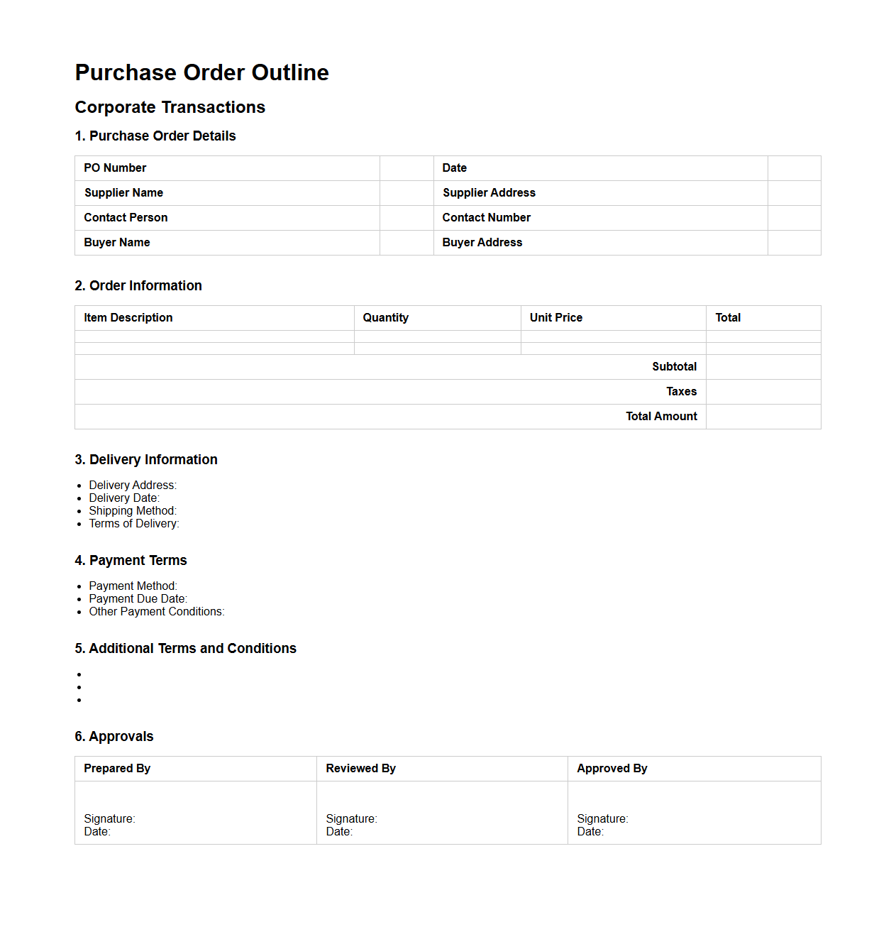 Purchase Order Outline for Corporate Transactions