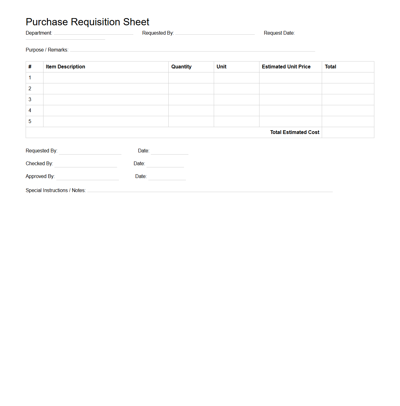 Purchase Requisition Sheet for Corporate Office Essentials