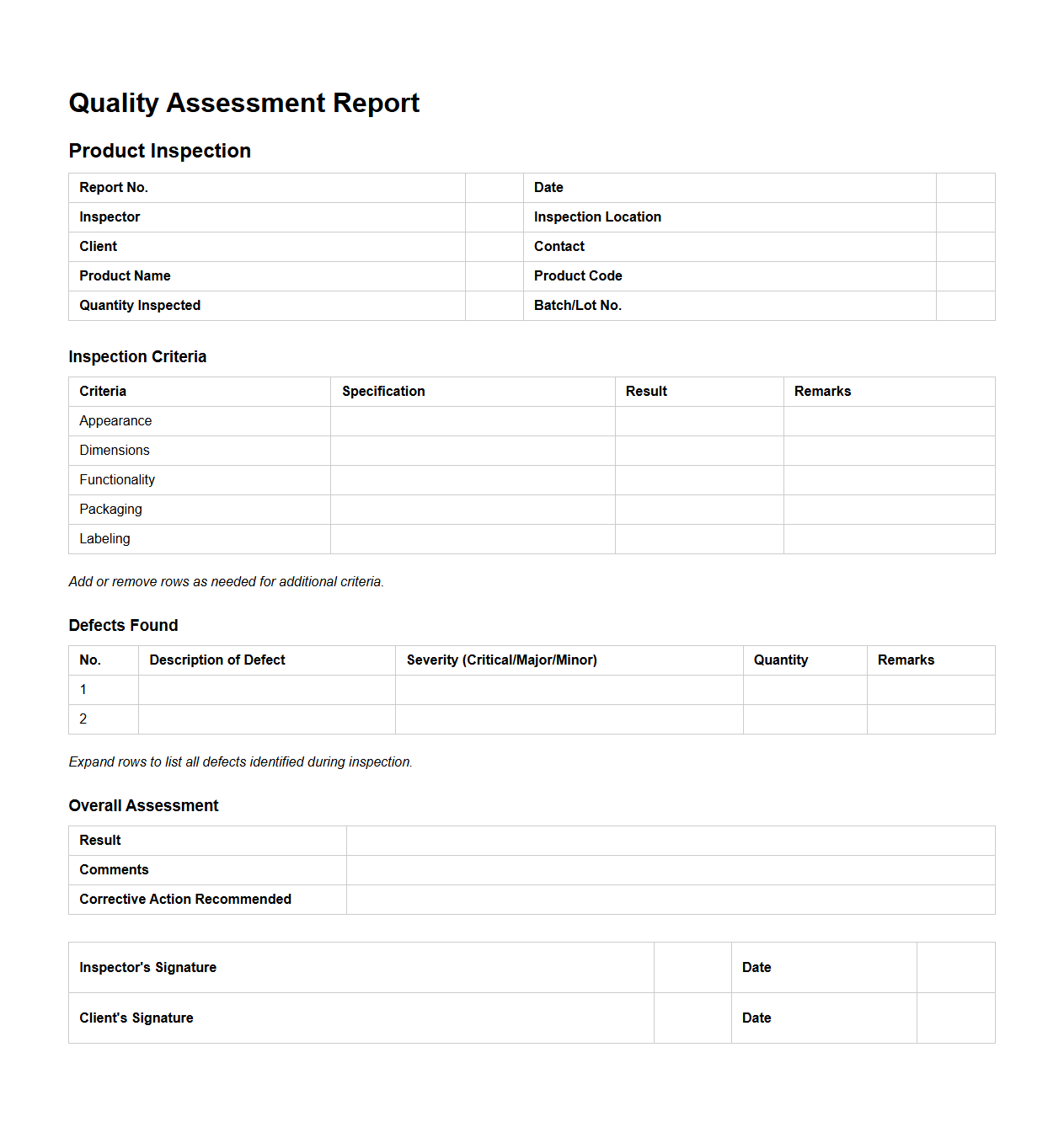 Quality Assessment Report Template for Product Inspection