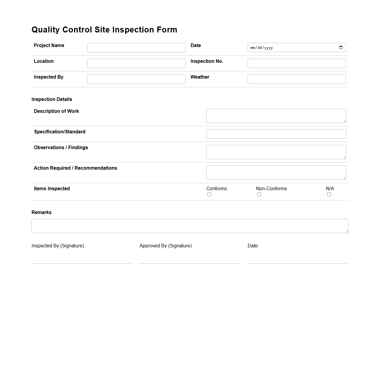Quality Control Site Inspection Form