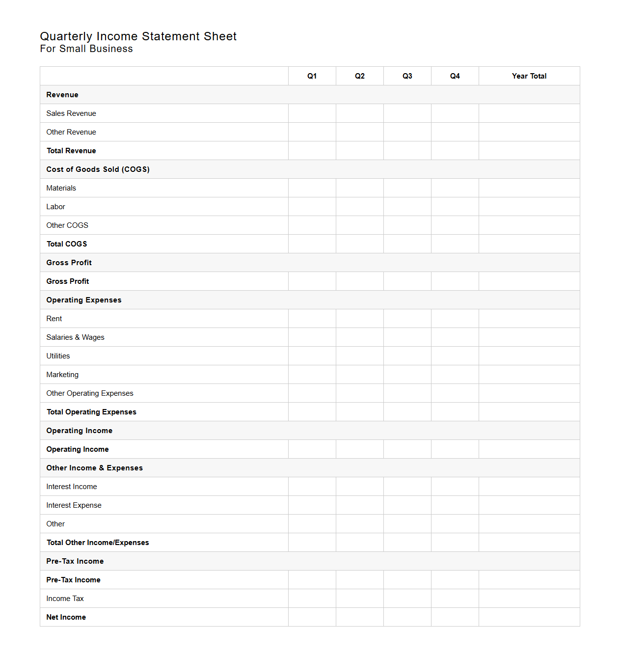 Quarterly Income Statement Sheet for Small Business