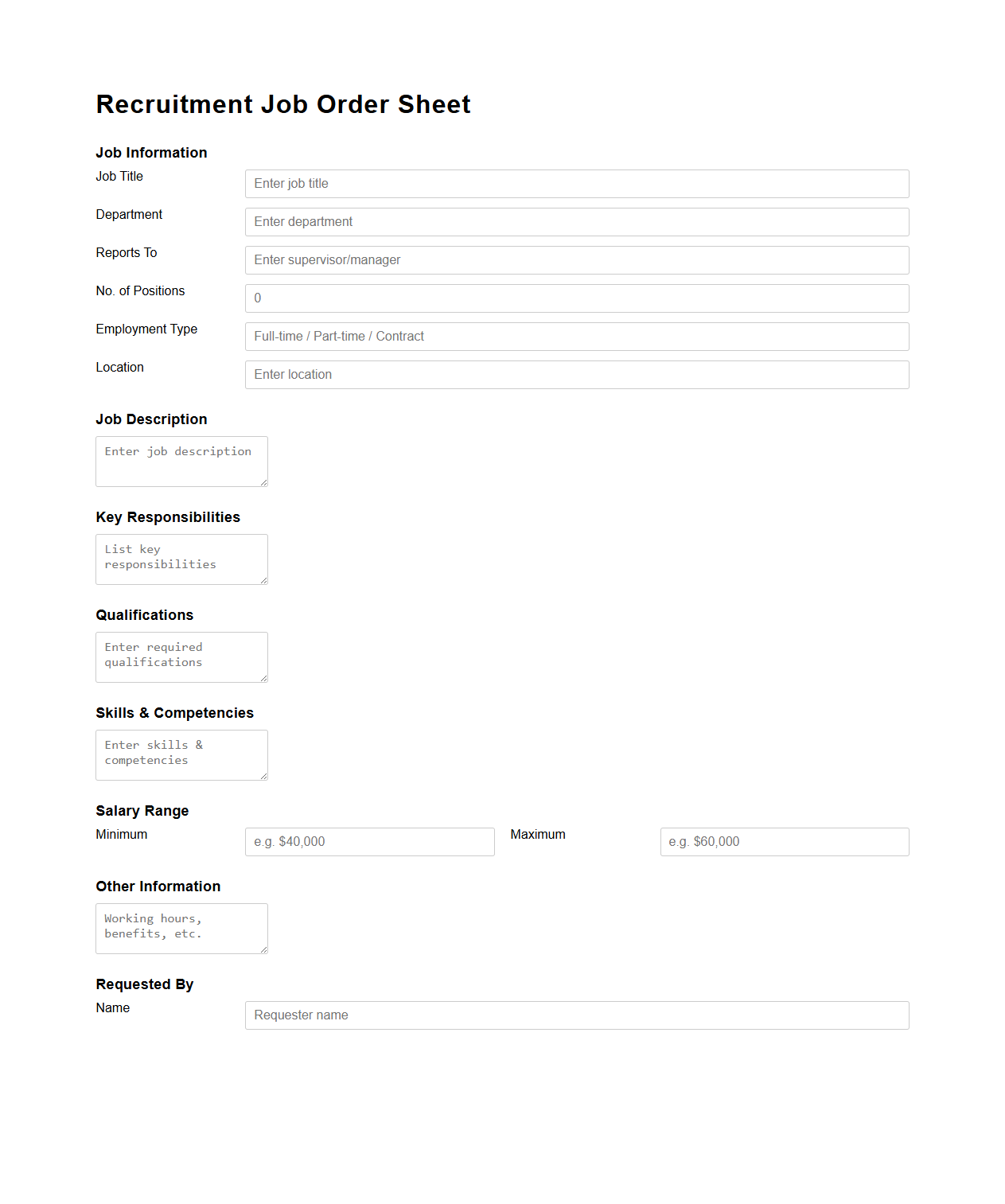 Recruitment Job Order Sheet