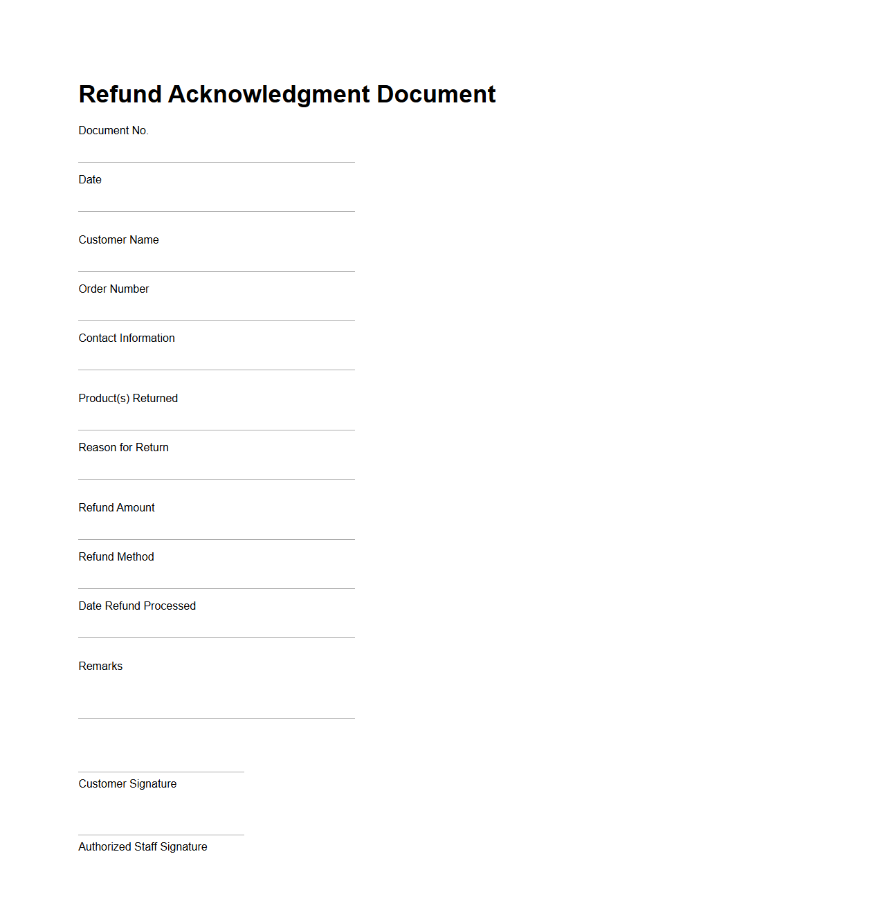 Refund Acknowledgment Document for Returns