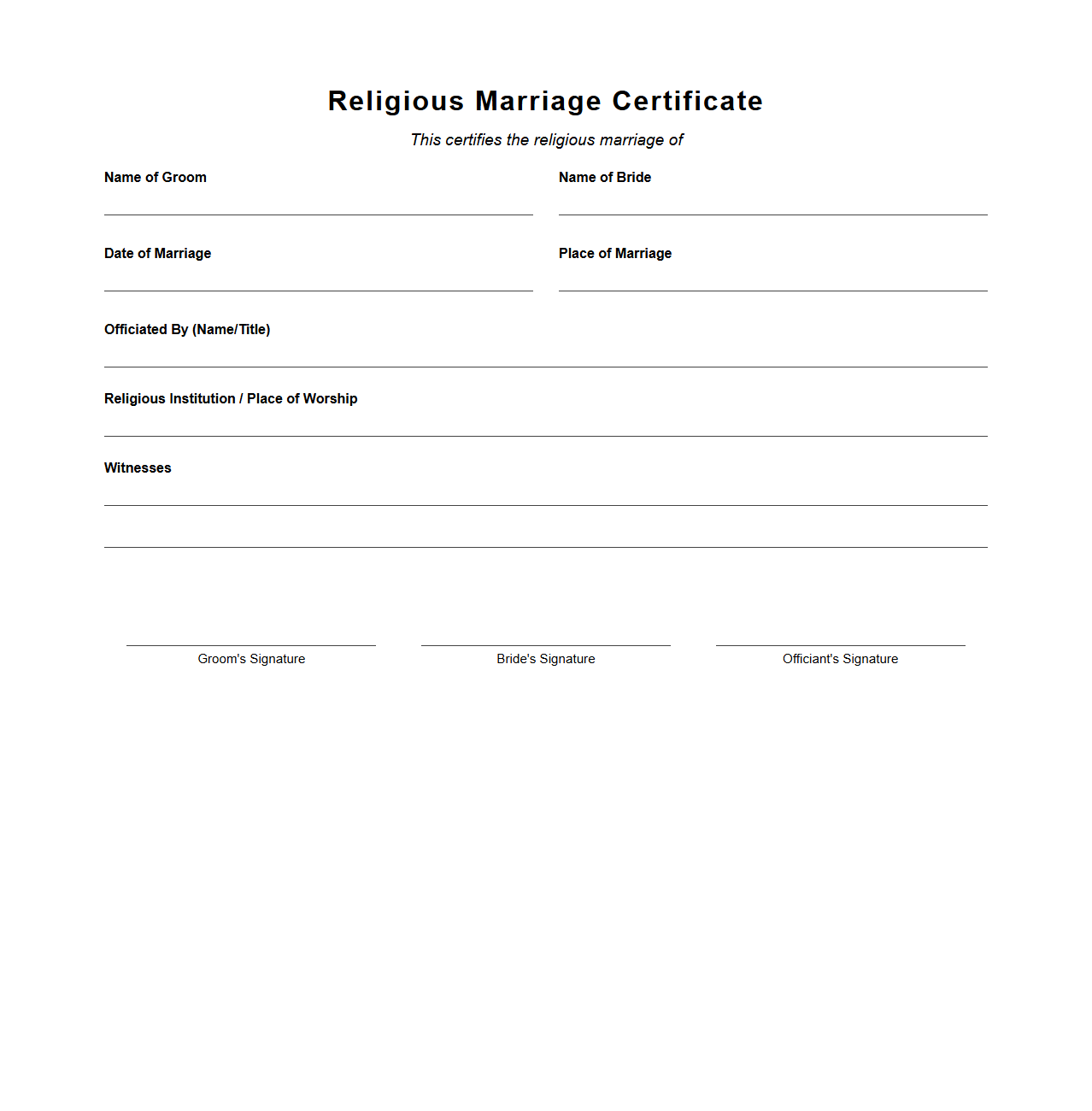 Religious Marriage Certificate Template for Couples