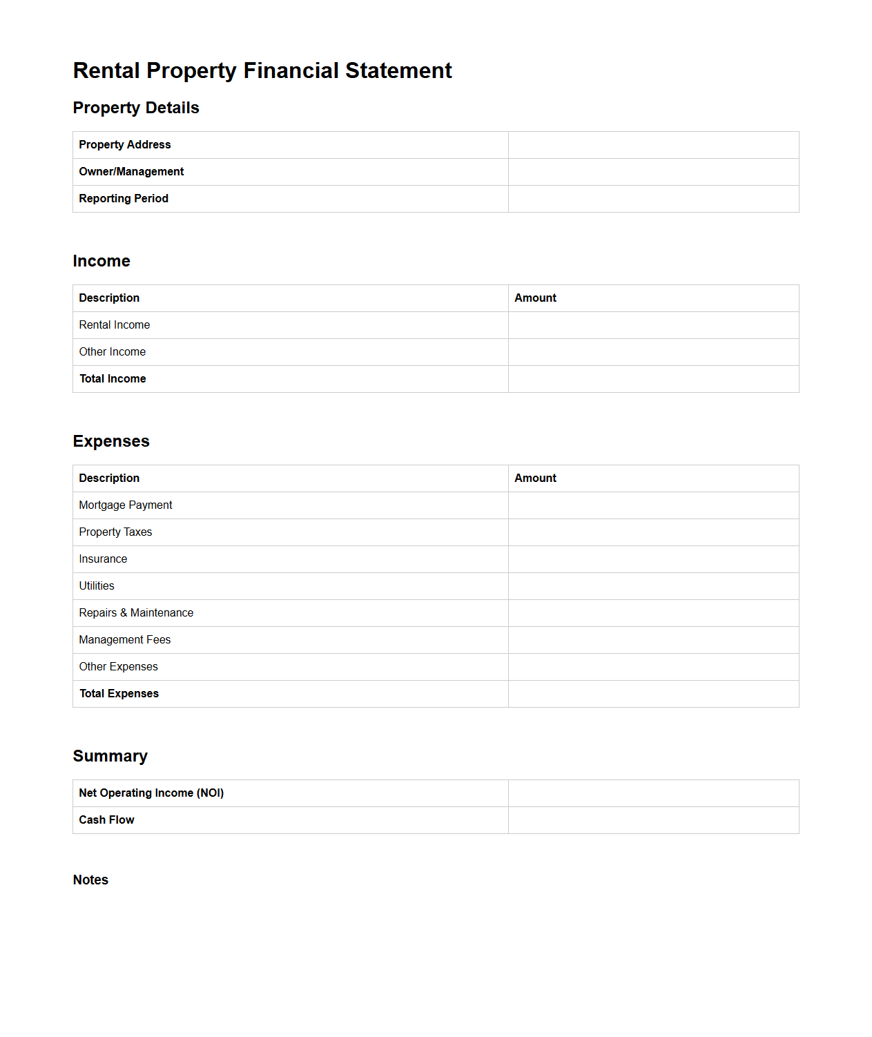 Rental Property Financial Statement Template