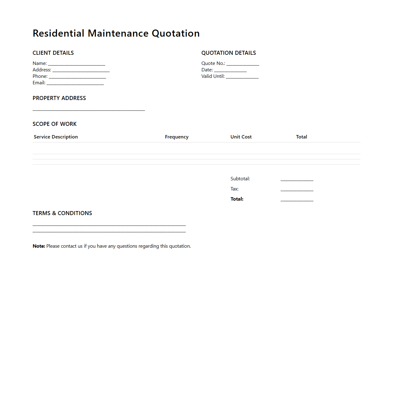 Residential Maintenance Quotation Template